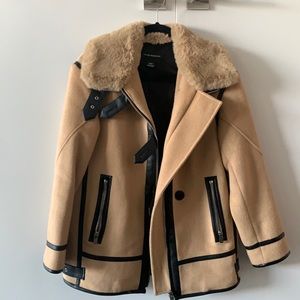 Camel jacket with leather trim and faux fur collar